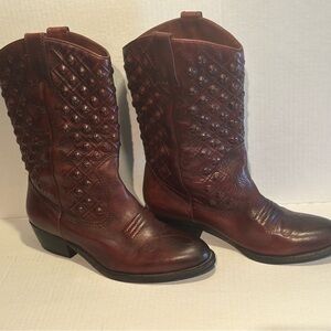 Women’s Lucky Brand Madonna studded leather western boot in the color Cordovan